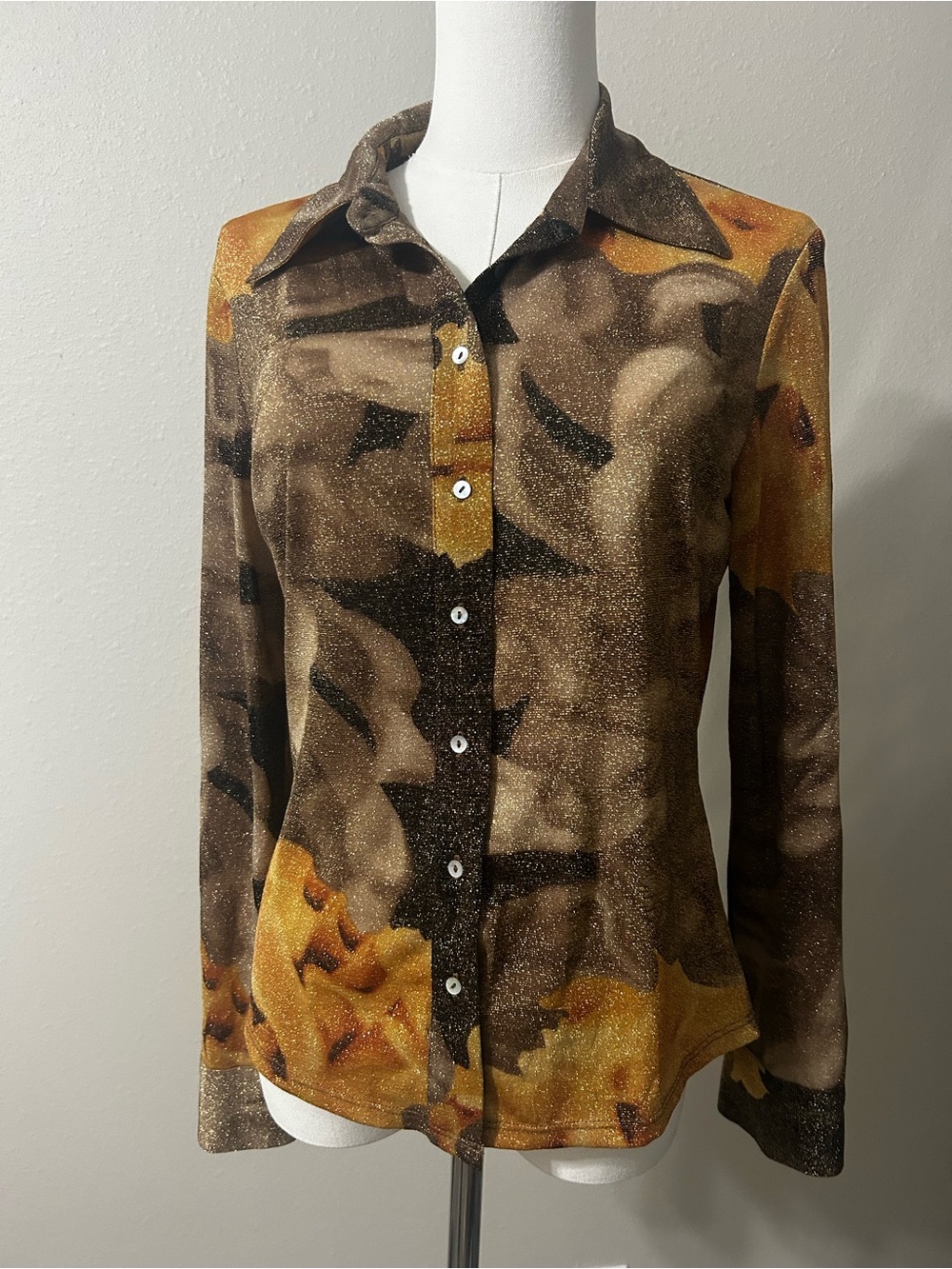 Cache VintageMetallic Floral Button-Front Top – Women's Medium